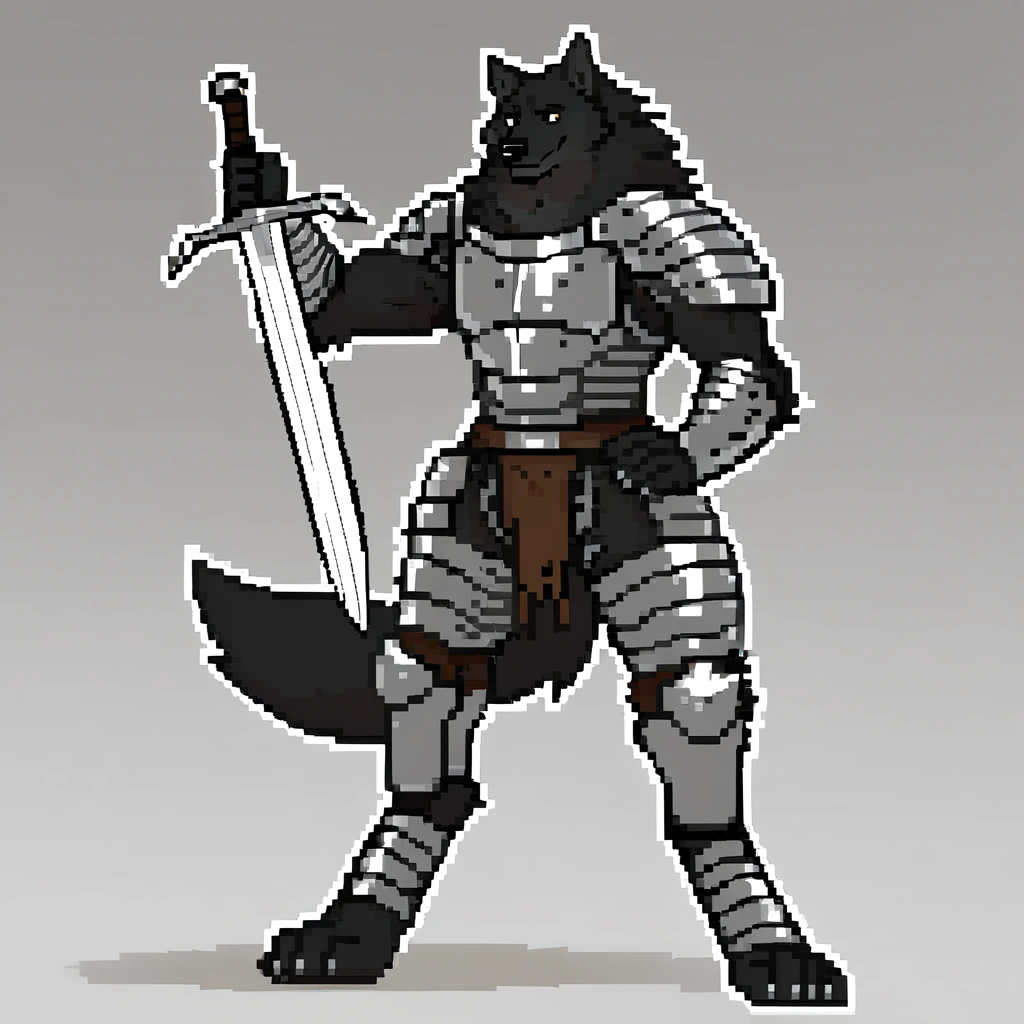 canid, canine, canis, mammal, mythological_canine, mythological_creature, were, werecanid, werecanine, werewolf, wolf, mythology, anthro, biped, black_body, black_fur, black_nose, male, fingers, fluffy, fluffy_tail, fur, looking_foward, looking_at_viewer, muscular, muscular_anthro, muscular_male, knight, wielding_sword, full_metal_armor, metal_greaves, no_helmet, raising_sword, smile, solo, standing, tail, tuft, 2020, digital_media_(artwork), hi_res, masterpiece
