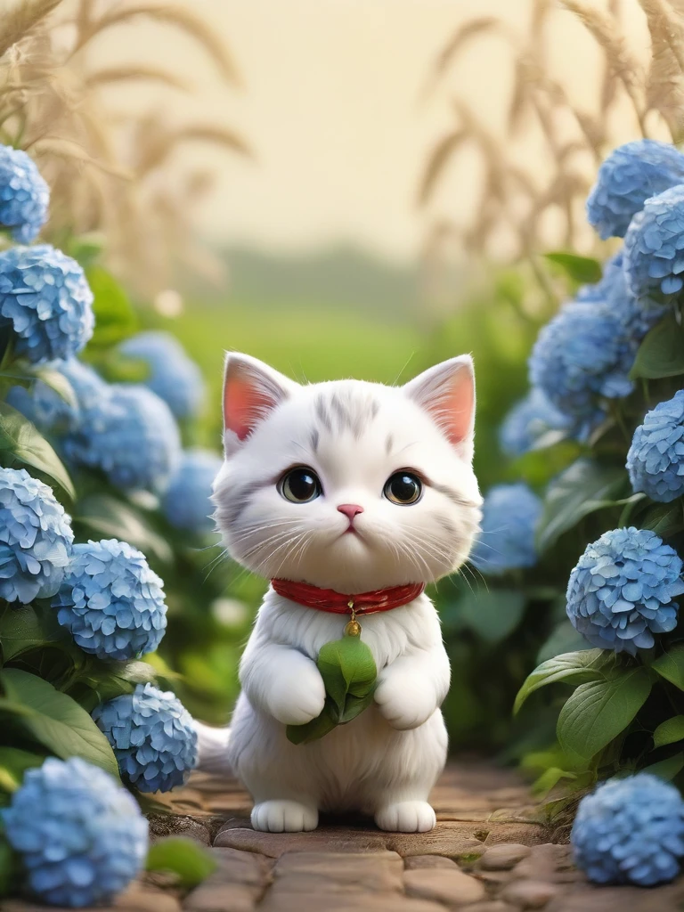 masterpiece,Highest quality,animal,a bit,cute,No humans,kitten,With a hydrangea field in the background、Rubbing against hydrangea、