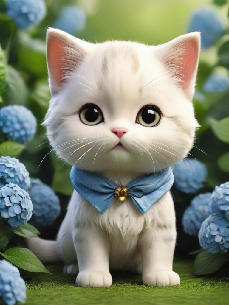masterpiece,Highest quality,animal,a bit,cute,No humans,kitten,With a hydrangea field in the background、Rubbing against hydrangea、