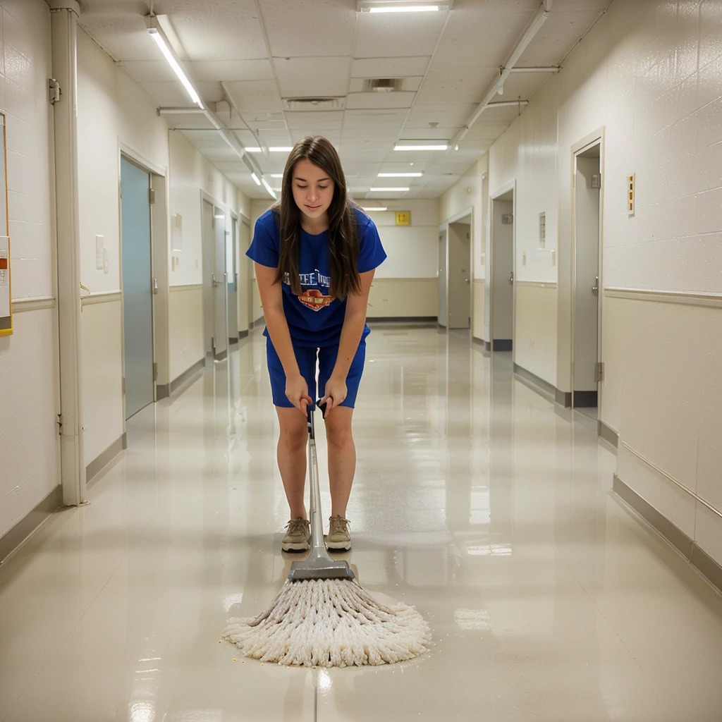 arafed woman sweeping the floor in a school hallway, high school, sweeping, clean detailed, super clean, miranda meeks, katey truhn, puttin, rachel wall, clean, alana fletcher, crisp and sharp, maintenance, clean line, jenna barton, b - roll, clean composition, nice composition, very clean, majestic sweeping action, perfect detail,