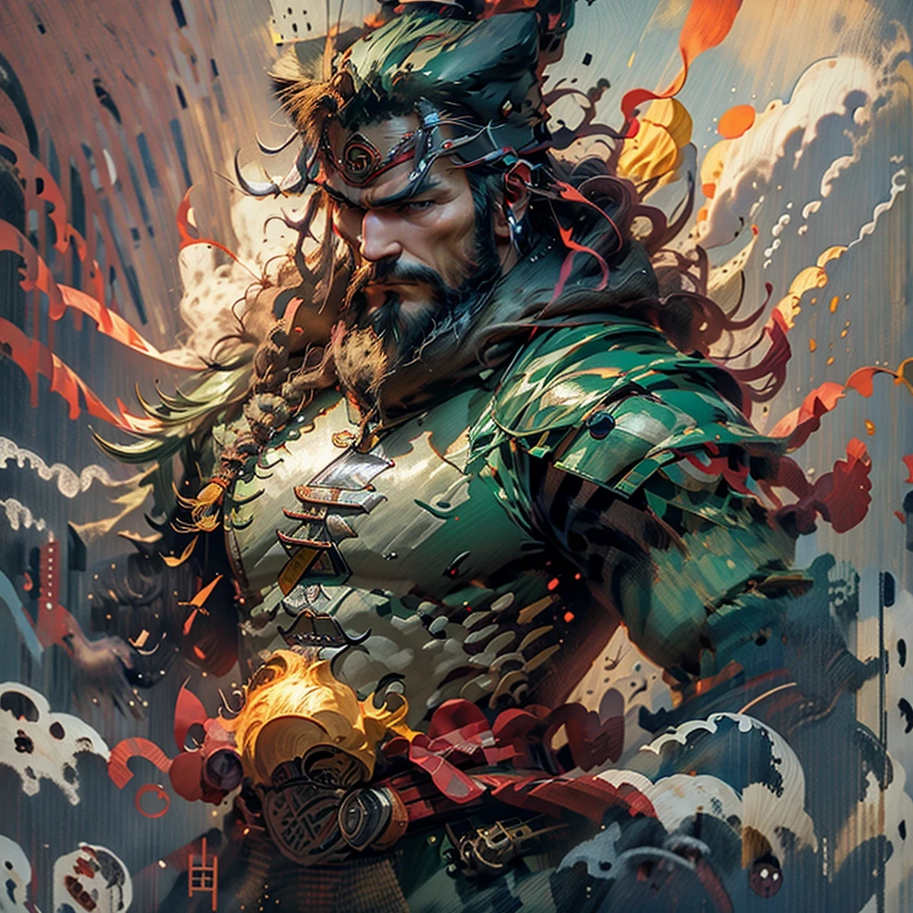 A full-length portrait of Liu Bei of ancient China. His appearance is soft but charismatic, with a short beard on the tip of his chin. A topknot unique to ancient China and a light green wooden armor.