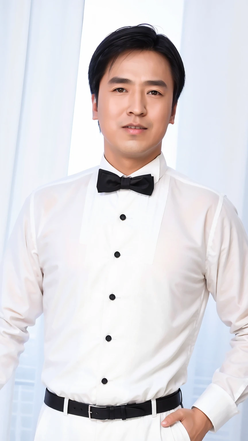 40-year-old man， Soft headlights，High-density imaging，((White skin))，((short hair))，((Black suit))，((White shirt))，((Various dynamic poses))，((Background is white curtain))，best quality，masterpiece，（Soft colors：1.2）