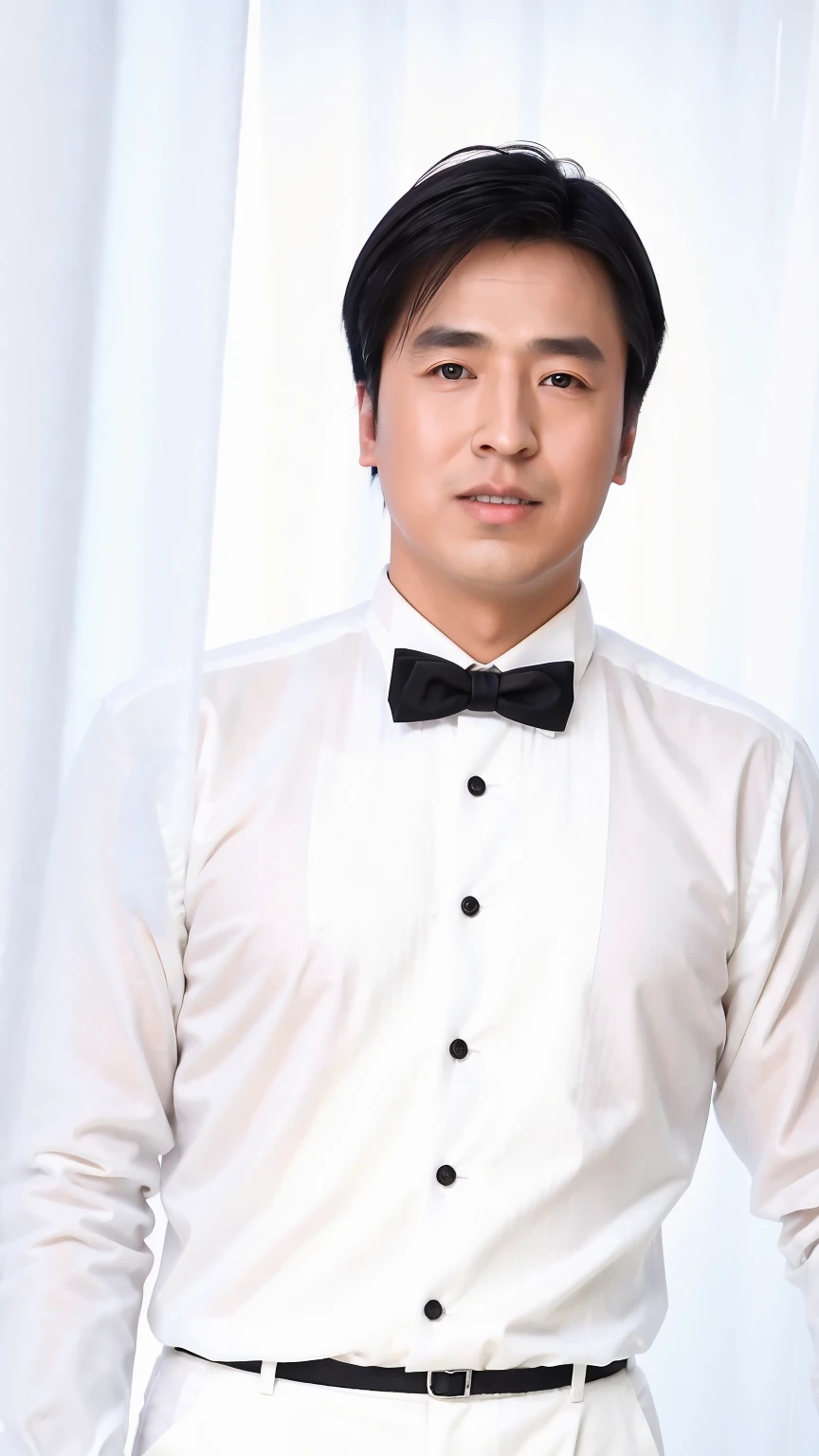 40-year-old man, Soft headlights,High-density imaging,((White skin)),((short hair)),((Black suit)),((White shirt)),((Various dynamic poses)),((Background is white curtain)),best quality,masterpiece,(Soft colors:1.2)