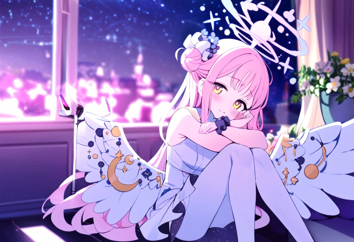 1girl, mika \(blue archive\), solo, scrunchie, wings, pink hair, wrist scrunchie, looking at viewer, flower, dress, hair ornament, long hair, head rest, yellow eyes, white dress, night, sleeveless, white pantyhose, hair bun, sleeveless dress, single side bun, hair flower, sitting, window, white wings, halo, blush, bangs, crescent, low wings, frilled dress, potted plant, indoors, angel wings, star \(sky\), sky, frills, night sky, pantyhose, blurry background, very aesthetic, absurdres