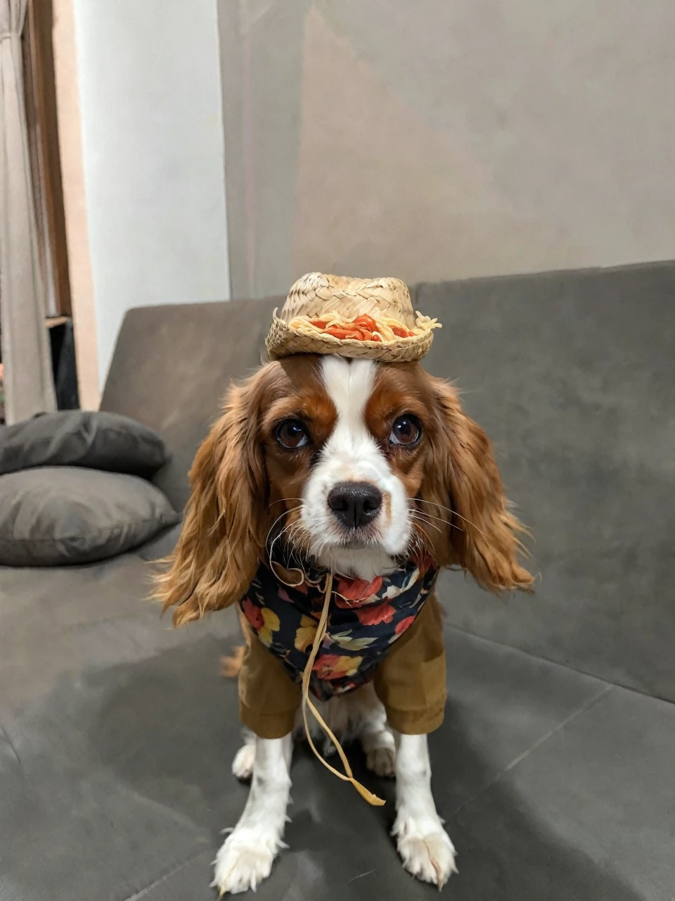 Portrait of a cavalier king dog, maroon, eating pasta, ear details, Beautiful  eyes, filhote, furry paws, straw hat, with June party clothes 