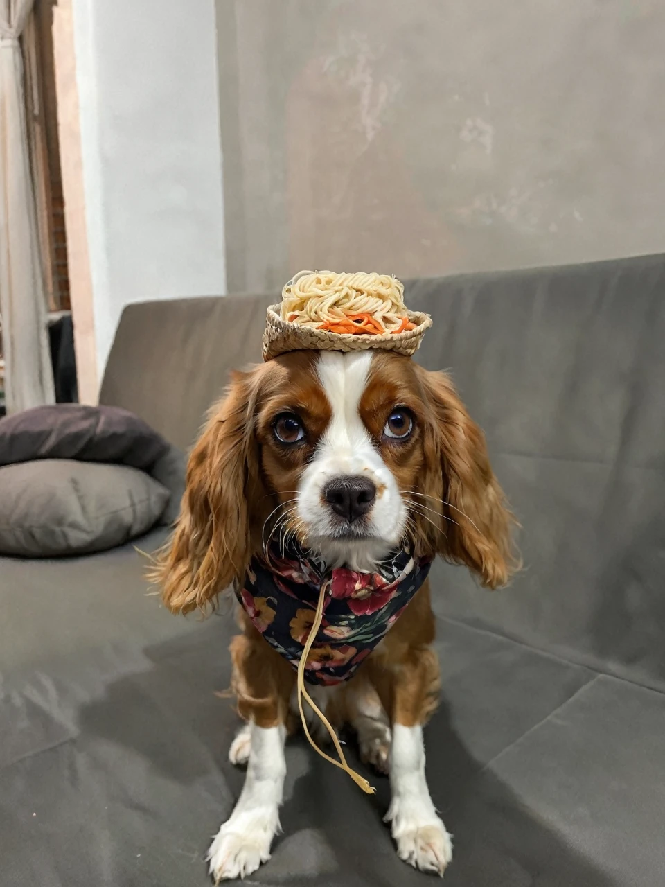 Portrait of a cavalier king dog, maroon, eating pasta, ear details, Beautiful eyes, filhote, furry paws, straw hat, with June party clothes