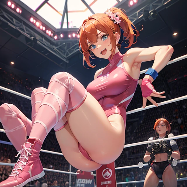 (masterpiece, best quality, detailed), 1girl, solo, female wrestling aftermath, victory, shacking her booty, match winned
ElfGirl, reddish orange hair, medium hair, 1 left hair short pigtail tied with two flowers lightblue flower at side of hair, light blue eyes, happy, open mouth, smiling happy joy, huge breasts, big butt, beautiful legs, (pink wrestling gear, pink bikini one-piece leotard, pink wrestling boots, ping wrestling knee pads, pink elbow pads, pink gloves), 