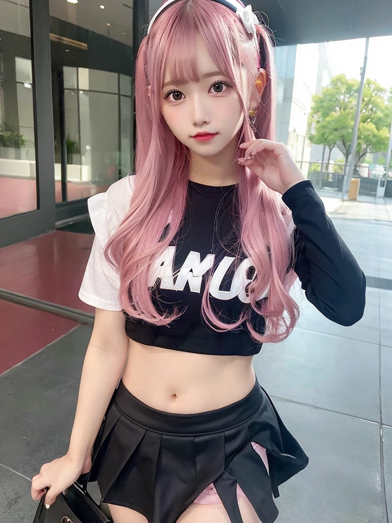 1 girl, mini skirt, long hair, pink hair
