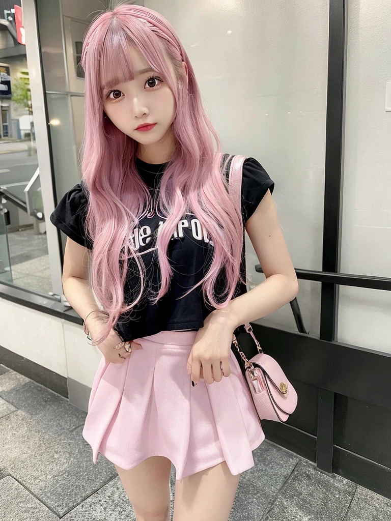 1 girl, mini skirt, long hair, pink hair