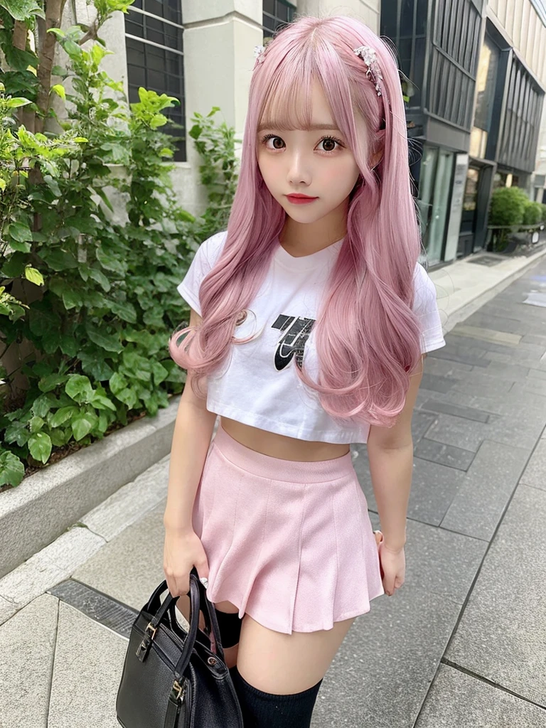 1 girl, mini skirt, long hair, pink hair