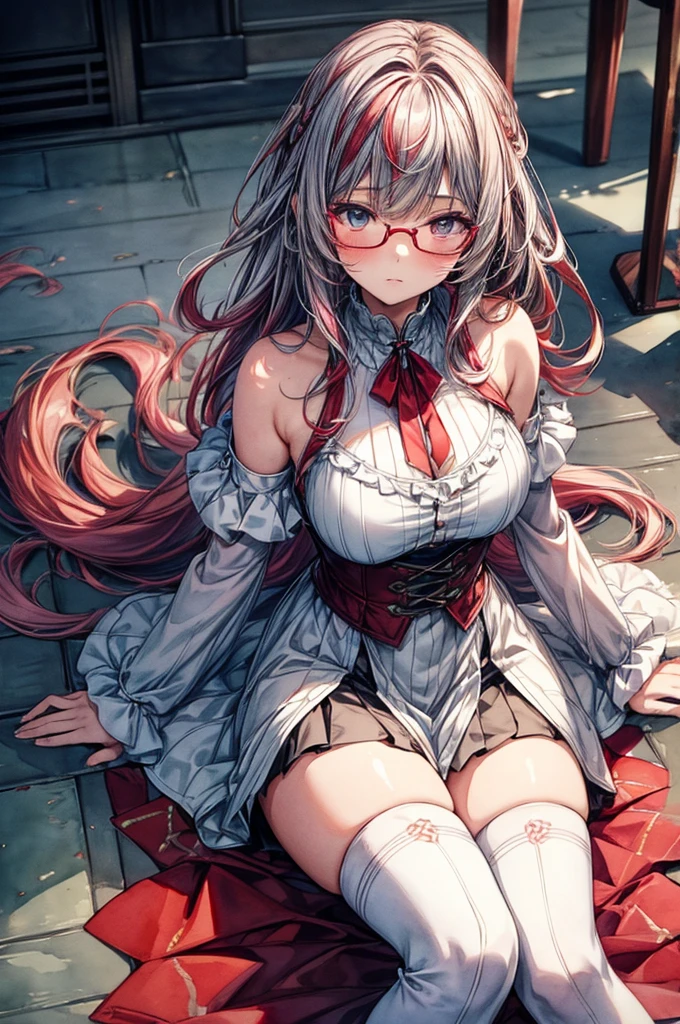 ((Sketch)), ((Watercolor)),((best quality)) ((best quality)), ((masterpiece)), (detailed), HD, Highly Detailed, 4k image, anime style, beautiful young teenage girl, 13 years old, tanned white skin, long waist length hair(red hair), soft facial features, heterochromatic eyes(left eye: silver)(right eye: red), elegant battle-styled sundress, cherry red plump lips, large E-cup breasts, short height(150cm). wide hips and large round ass, silver round-frame glasses