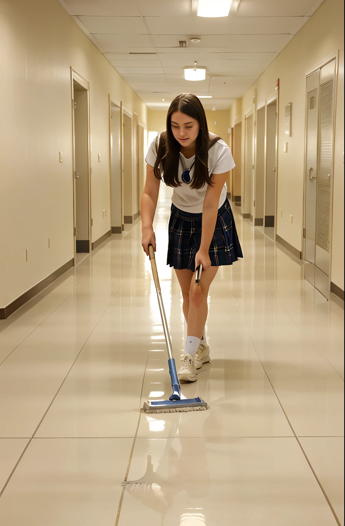arafed woman sweeping the floor in a school hallway, high school, sweeping, clean detailed, super clean, miranda meeks, katey truhn, puttin, rachel wall, clean, alana fletcher, crisp and sharp, maintenance, clean line, jenna barton, b - roll, clean composition, nice composition, very clean, majestic sweeping action, perfect detail, arafed woman in a skirt sweeping the floor with a broom, sweeping, with a walking cane, clean detailed, clean post process, in a hotel hallway, extremely clean, vacuum, clean, very clean, kneeling at the shiny floor, bottom angle, shot on 85mm, clean image, student, majestic sweeping action, shot on 1 5 0 mm