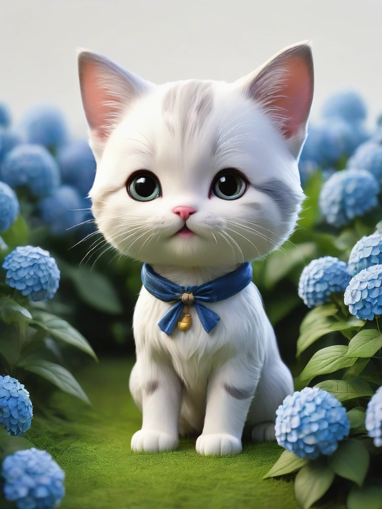 masterpiece,Highest quality,animal,a bit,cute,No humans,kitten,With a hydrangea field in the background、With a smile、Surisuri