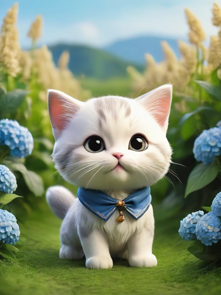 masterpiece,Highest quality,animal,a bit,cute,No humans,kitten,With a hydrangea field in the background、With a smile、Surisuri