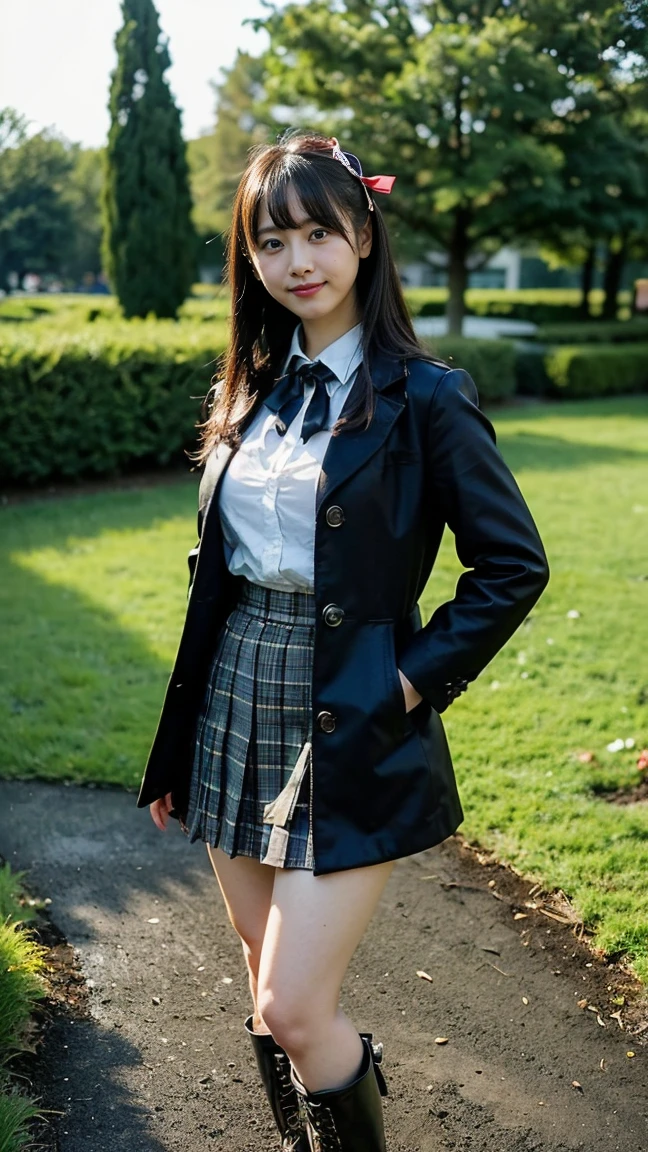 (8K、RAW Photos、Highest quality、masterpiece:1.2)、(Realistic、Realistic)、1 Girl、((coat、Black mini skirt、Ribbon on chest、boots、Big Breasts、smile、whole body、garden、View from the front、Looking into the camera、Stand with one hand on your hip))、
