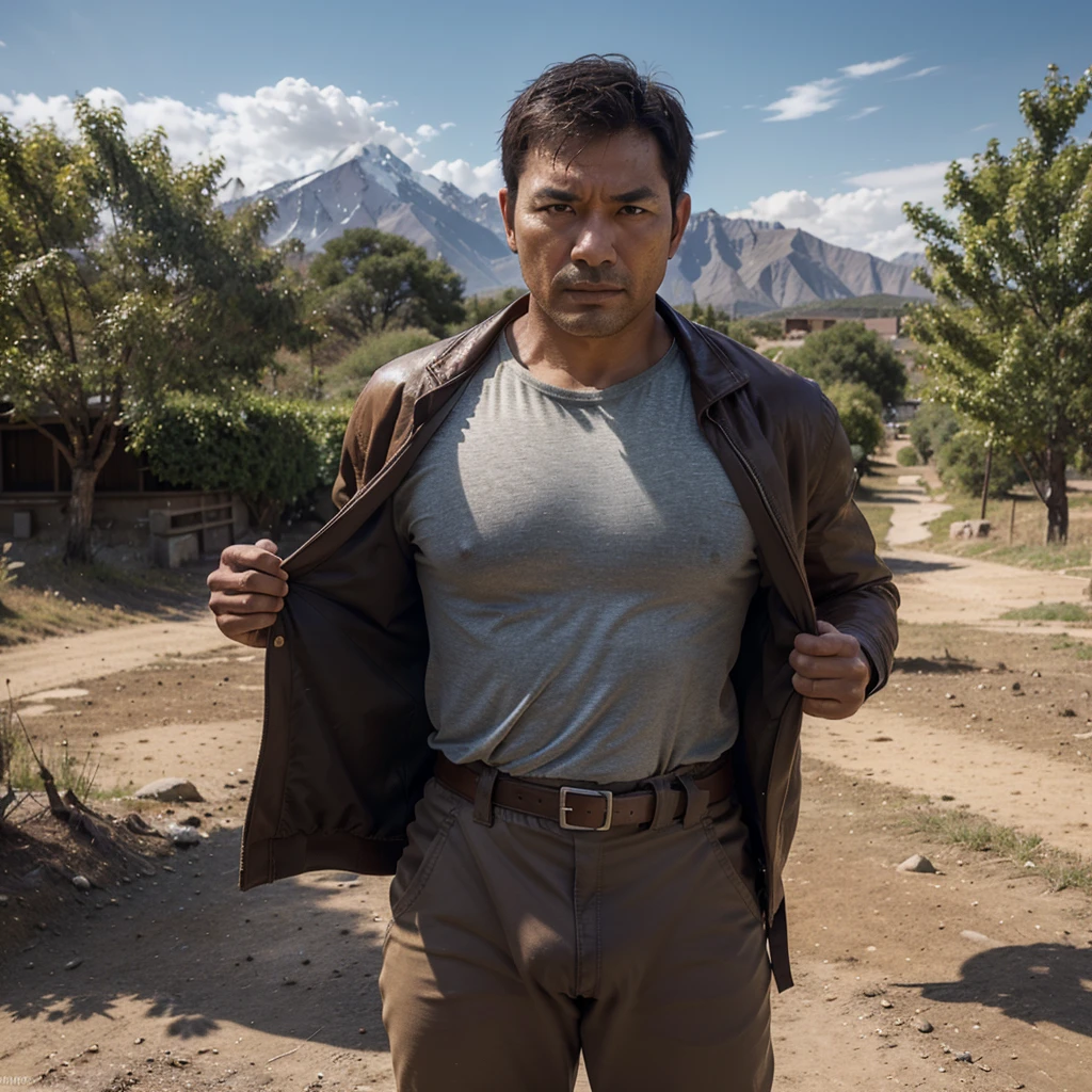 Professional photography, The village Chris Redfield stands on the dirt road，Put your hands in your pockets，watching，Jacket jacket，belt，There are willow trees next to it，Tsuchiya，ruins，（（Glasseale focus，dark brown clothes，dark brown backpack，high detail, Close-up half-length photo, panoramic，body positive，Asian man in his forties，Nasal pattern，rough face，worried expression，oily skin reaction，Strong hands，Covered in sweat，chest muscles，Very large nipples，Raised nipples，strong muscle，Thick waist，wide waist，brown skin，thick thighs，Brown tong，((crotch bulging))，（crotch bulging），Detailed hair details，gaston boucier style，sunny，blue sky，Sunlight，blue sky，There are mountain peaks in the distance，global illumination， CG-level lighting rendering，low contrast， (best quality)，masterpiece，8K wallpaper quality，List of Utria , Normal
