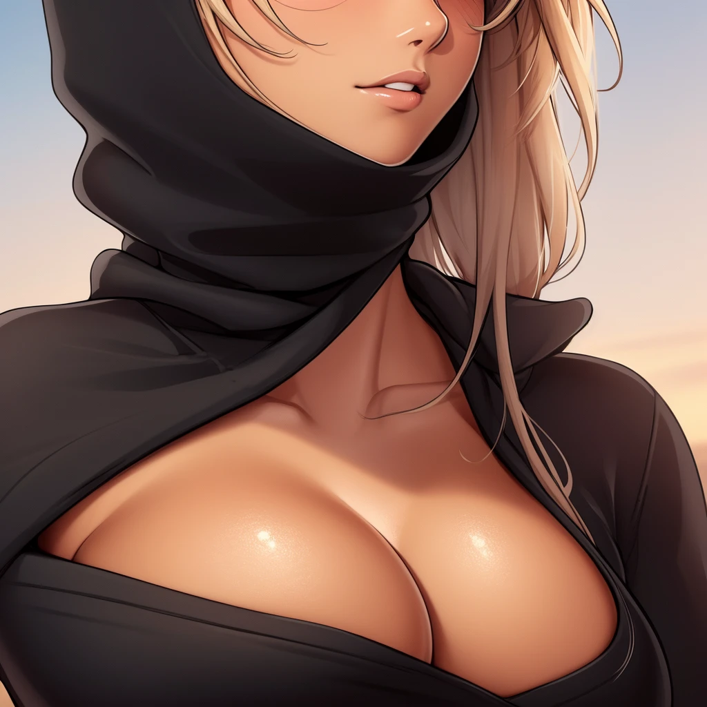 (tanned), (perfect boobs), (very high definition), (close up), (perfect face), (masterpiece) woman wearing a black hoodie, full body
