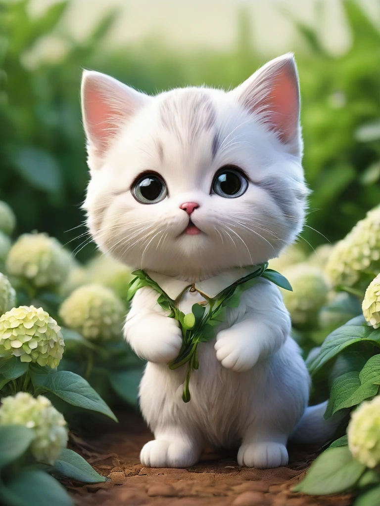 masterpiece,Highest quality,animal,a bit,cute,No humans,kitten,With a hydrangea field in the background、With a smile、