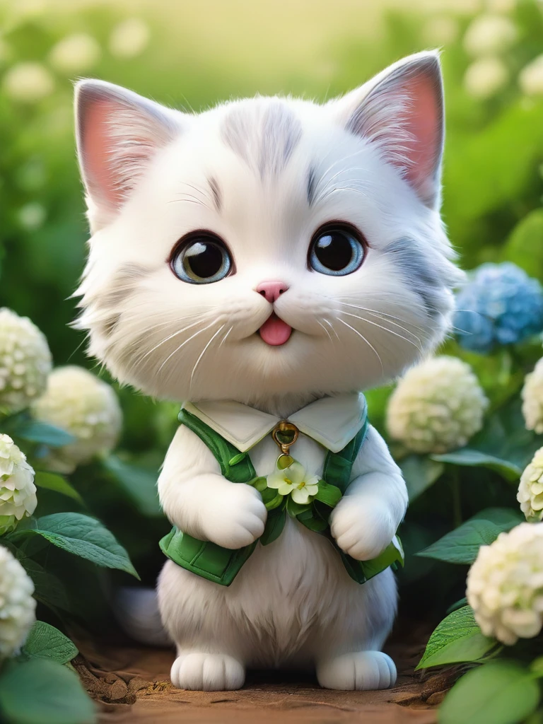 masterpiece,Highest quality,animal,a bit,cute,No humans,kitten,With a hydrangea field in the background、With a smile、