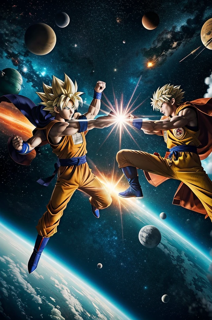 goku from dragon ball and saitama from one punch man fighting in outer space with shockwaves coming out of the fight