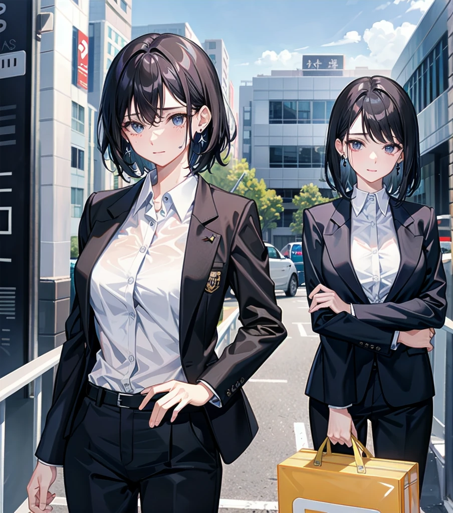 whole body, delicate facial features, big tits, medium hair, black hair, tearful mole, earring, business suit, pants,