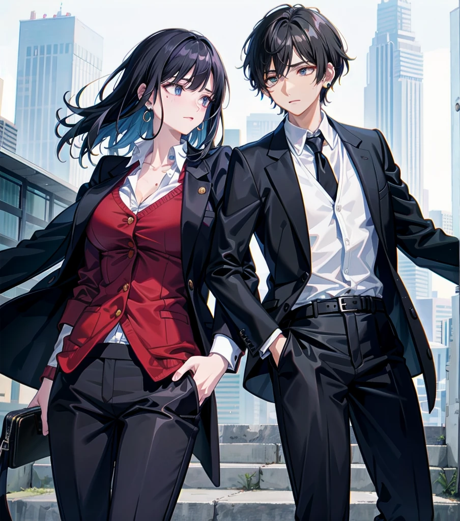 whole body, delicate facial features, big tits, medium hair, black hair, tearful mole, earring, business suit, pants,