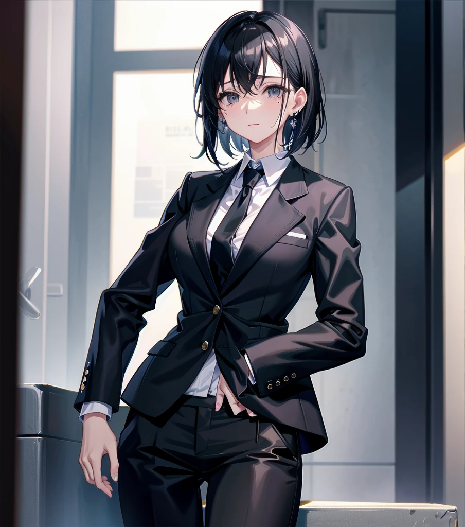 whole body, delicate facial features, big tits, medium hair, black hair, tearful mole, earring, business suit, pants,