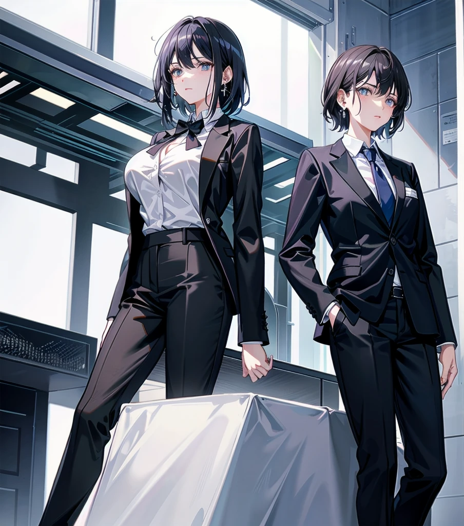whole body, delicate facial features, big tits, medium hair, black hair, tearful mole, earring, business suit, pants,