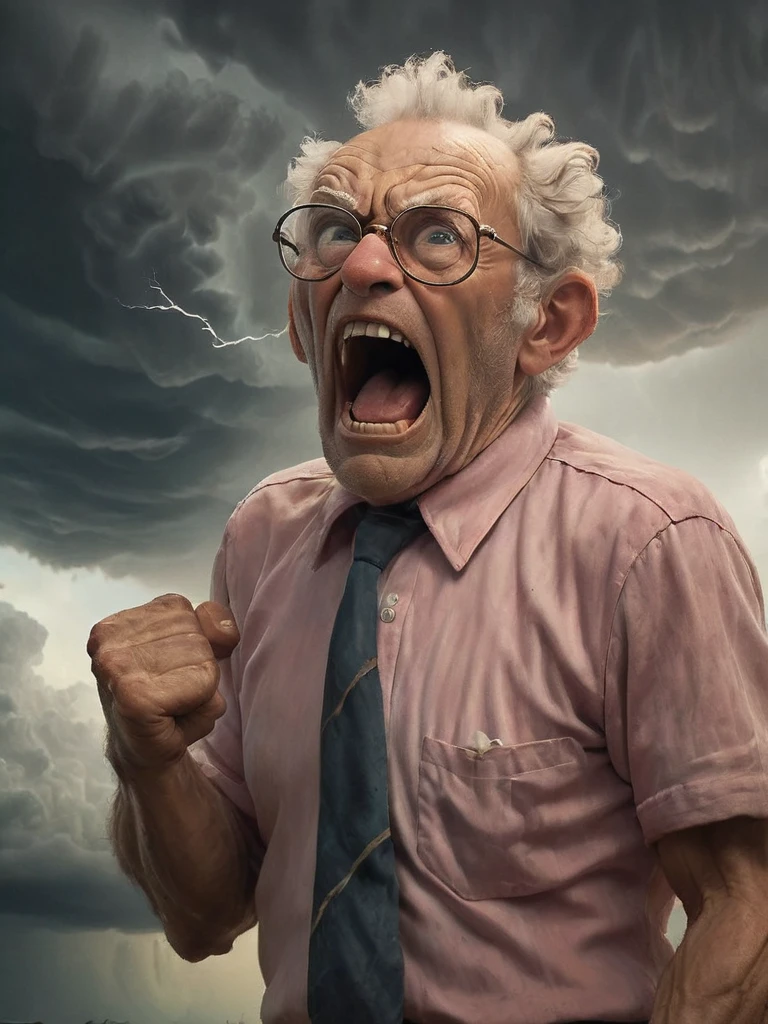 oil painting of an frail old man with clenched fist yelling wearing glasses and an old faded pinkish rugby shirt with a bollo tie around his neck and looking at a BREAK threatening martius_storm cloud, historical accurate depiction of 2 mortal enemies, cinematic, detailed, atmospheric , dramatic light,