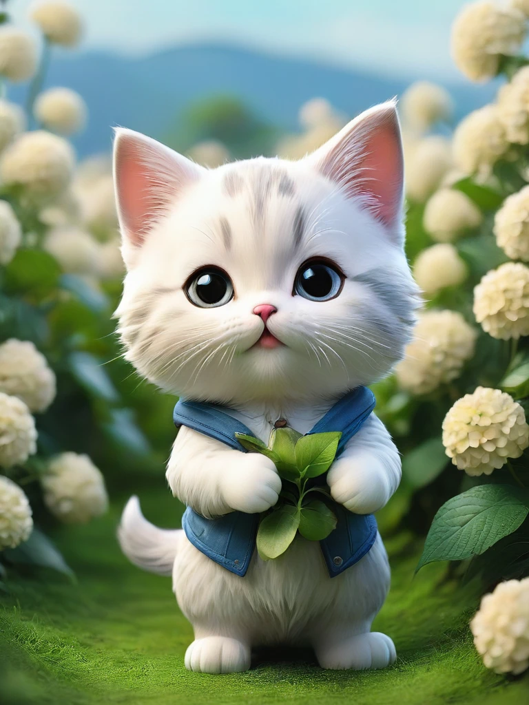 masterpiece,Highest quality,animal,a bit,cute,No humans,kitten,With a hydrangea field in the background、With a smile、