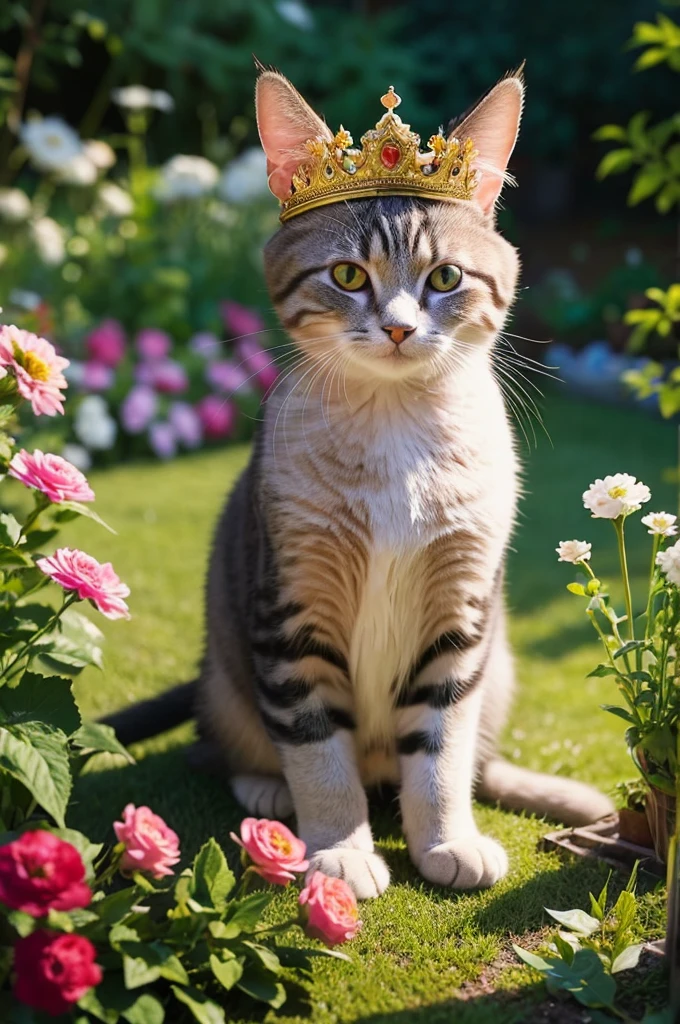 A cat wearing a crown sitting in a flower garden, in the style of a studio portrait, with dramatic lighting, regal, elegant, playful, curious, and mischievous, through a wide-angle camera lens, photographic