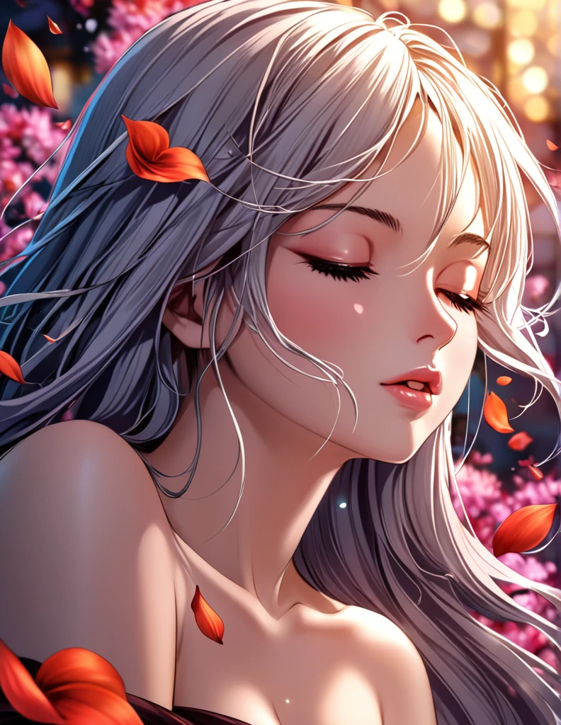 (Harem Manga style:1.2) , Hallucination, daydream , nightmare , Insane Dream , bokeh , erotica , romance , cat nymph and realistic cat , Petals fluttering down , (Single eyelids, round nose, swollen cheeks) , glossy lips , Collarbone , Hair blowing in the wind , Goddess of lust