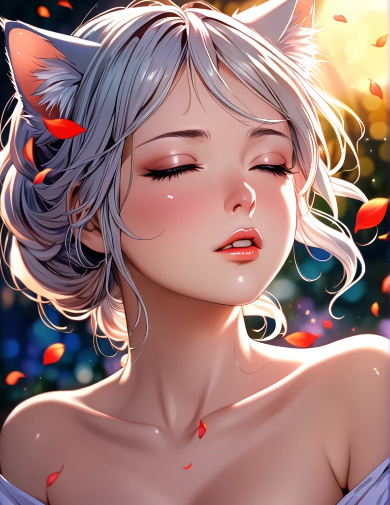 (Harem Manga style:1.2) , Hallucination, daydream , nightmare , Insane Dream , bokeh , erotica , romance , cat nymph and realistic cat , Petals fluttering down , (Single eyelids, round nose, swollen cheeks) , glossy lips , Collarbone , Hair blowing in the wind , Goddess of lust
