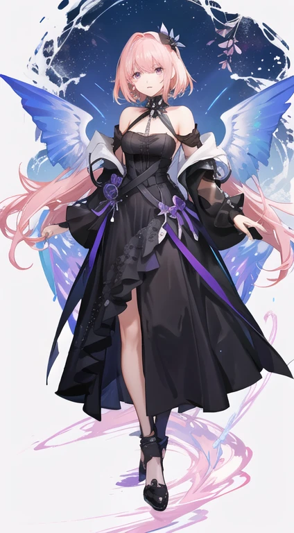 girl,full body,(detailed face:1.2), Masterpiece, fashion,black dress,, medium hair, light pink hair, purple pink eyes,There are wings hanging on the head.,white background,vtuber