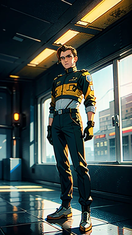 A man with short red-gold hair, hair slicked back, thick and disheveled hair, a cold and ruthless gaze, a confident expression, wears a two-piece futuristic military-style uniform, primarily in shades of white and red, accented by touches of yellow, streamlined wristguard gloves, matching trousers, he stands in a futuristic sci-fi-style hangar housing a colossal mech, stands within a futuristic sci-fi hangar, where a colossal mech is stationed, this character embodies a finely crafted futuristic military officer in anime style, characterized by an exquisite and mature manga illustration art style, high definition, best quality, highres, ultra-detailed, ultra-fine painting, extremely delicate, professional, anatomically correct, symmetrical face, extremely detailed eyes and face, high quality eyes, creativity, RAW photo, UHD, 8k, Natural light, cinematic lighting, masterpiece:1.5
