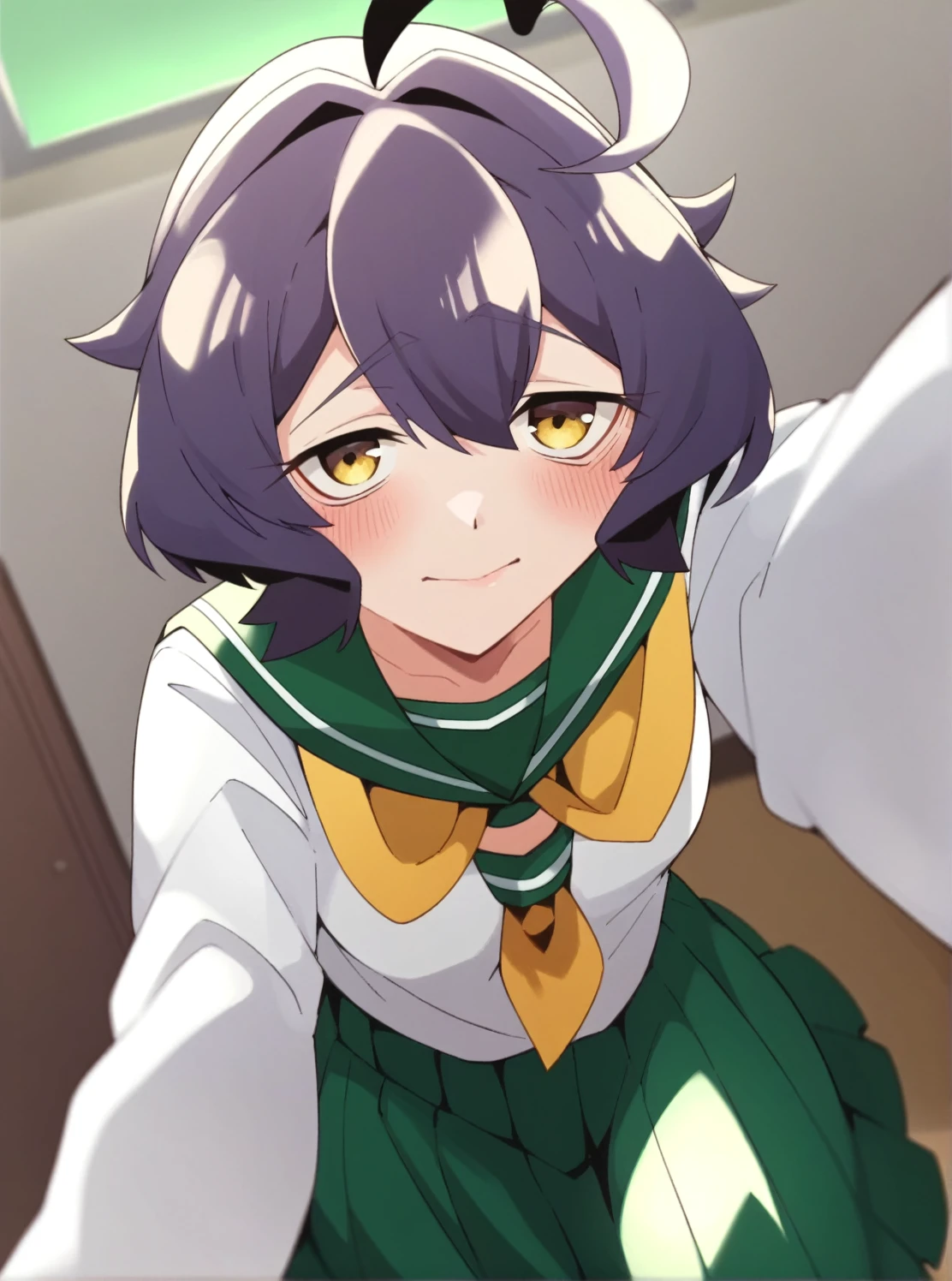 score_4, score_5, score_6, score_9, score_8_up, score_7_up, solo,  utenaxl, short hair, purple hair, ahoge, yellow eyes, green serafuku, white shirt, long sleeves, pleated skirt, green skirt, long skirt,  yellow neckerchief,  , classroom, pov, selfie, blush, nervous, looking at viewer, 