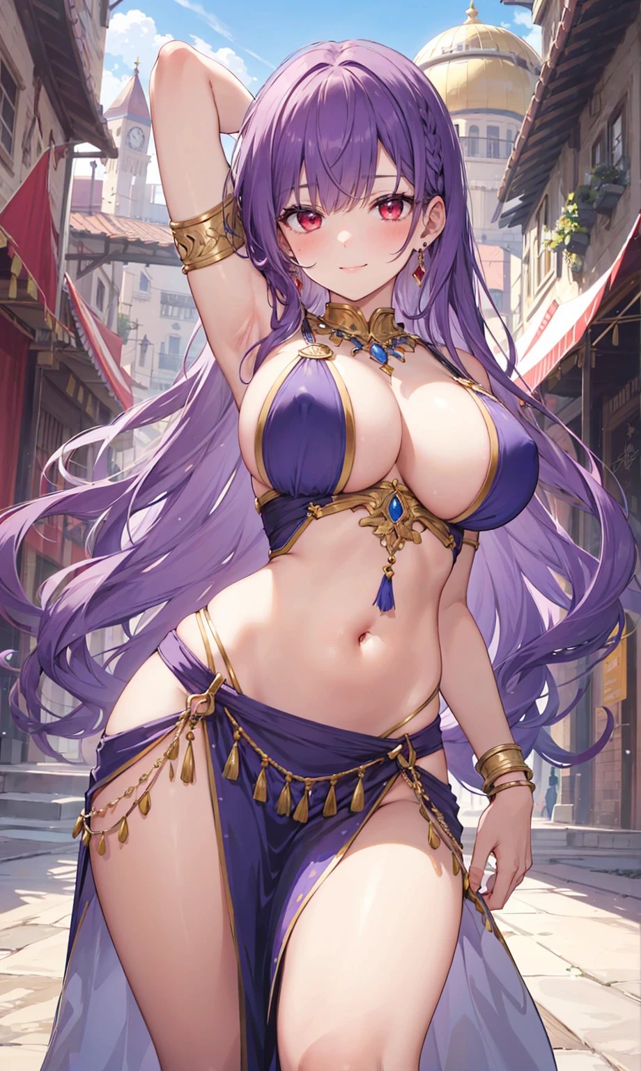 high quality, ultra detailed, best quality, insanely detailed, beautiful, masterpiece, 1girl, medieval plaza, cowboy shot, red eyes, long hair, purple hair, belly dancer, circlet, earrings, armlets, bracelets, bashful smile, large breasts, cleavage, soft stomach