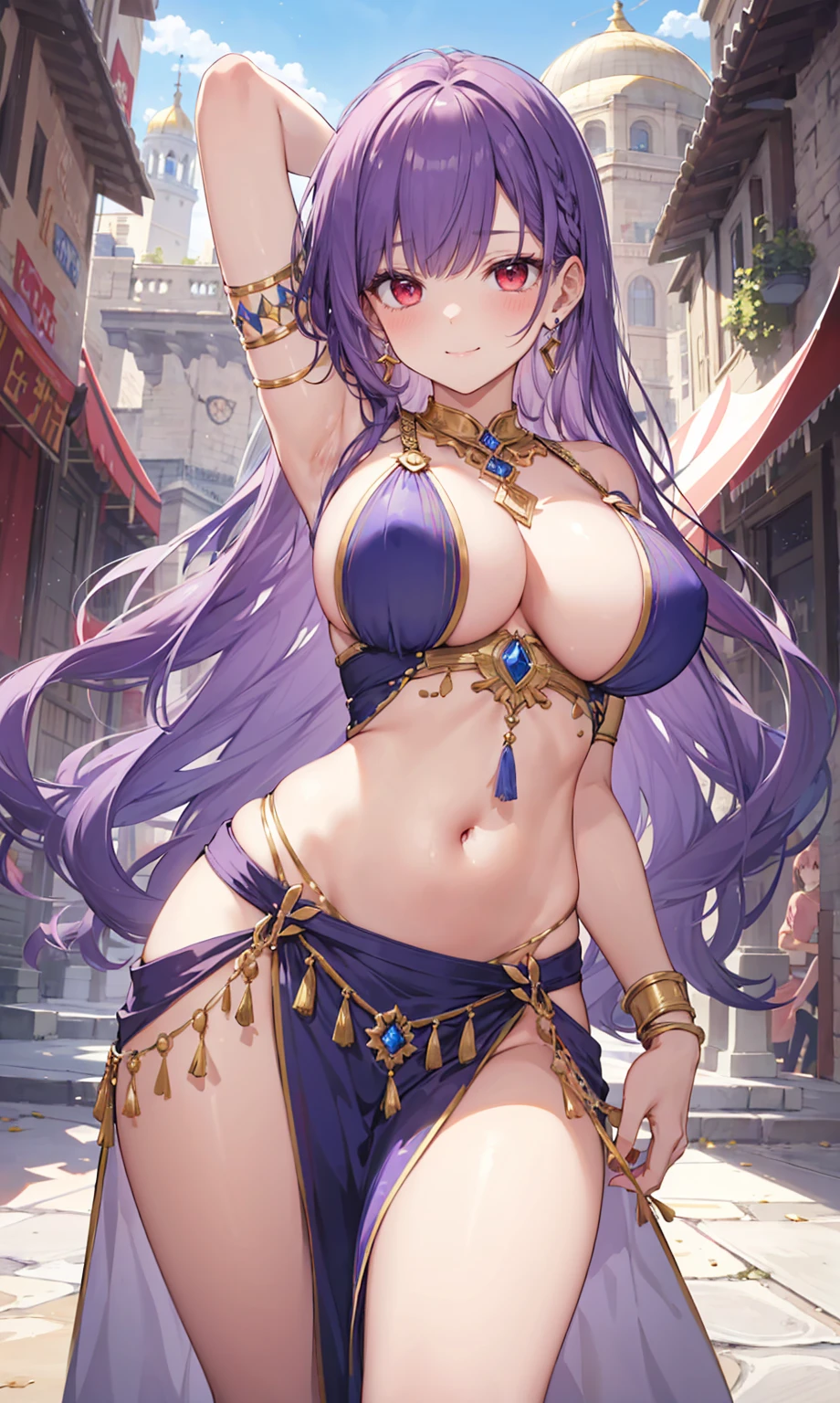 high quality, ultra detailed, best quality, insanely detailed, beautiful, masterpiece, 1girl, medieval plaza, cowboy shot, red eyes, long hair, purple hair, belly dancer, circlet, earrings, armlets, bracelets, bashful smile, large breasts, cleavage, soft stomach