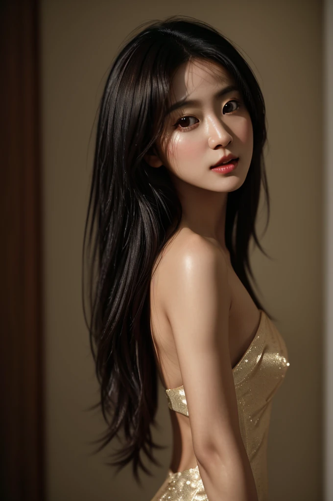 Best portrait photography, RAW photo, 8K UHD, film grain, cinematic lighting, elegant 1girl, (natural skin texture), natural pose, embellishments, cinematic texture, 35mm lens, shallow depth of field, silky long hair, small breast, sexy pose, full body pose, small waist,