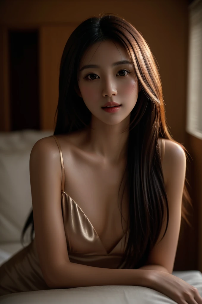 Best portrait photography, RAW photo, 8K UHD, film grain, cinematic lighting, elegant 1girl, (natural skin texture), natural pose, embellishments, cinematic texture, 35mm lens, shallow depth of field, silky long hair, small ,  pose, full body pose, small waist, 