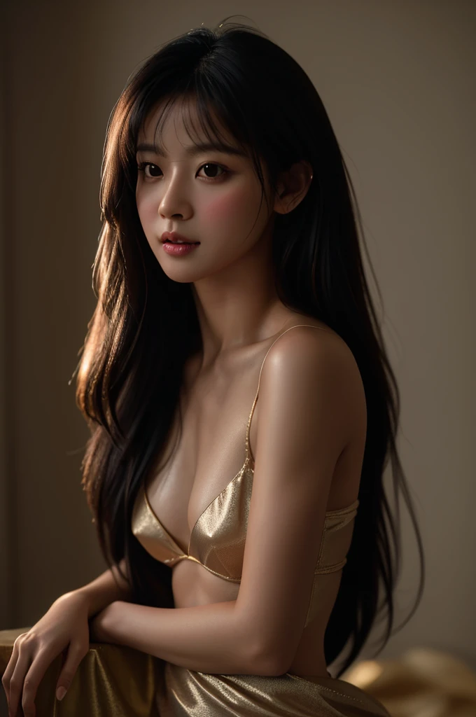 Best portrait photography, RAW photo, 8K UHD, film grain, cinematic lighting, elegant 1girl, (natural skin texture), natural pose, embellishments, cinematic texture, 35mm lens, shallow depth of field, silky long hair, small breast, sexy pose, full body pose, small waist, 