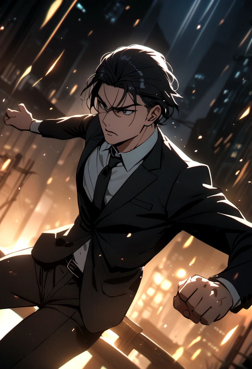 boy with long black hair and black suit in a fight at night