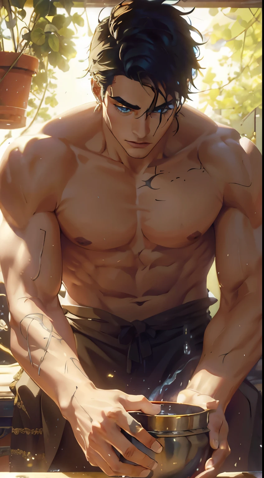 8K, complex, elegant, Highly detailed, majestic, digital photography, surreal painting, defeat magic, Sinuous Lightning, (masterpiece, Side light, fine and beautiful eyes: 1.2), HDR, (bright blue eyes)), Naked upper body, (bright tattoo), handsome boy, cana, musculature, black skin, demon horn, Raining, handsome, in front of camera, masterpiece