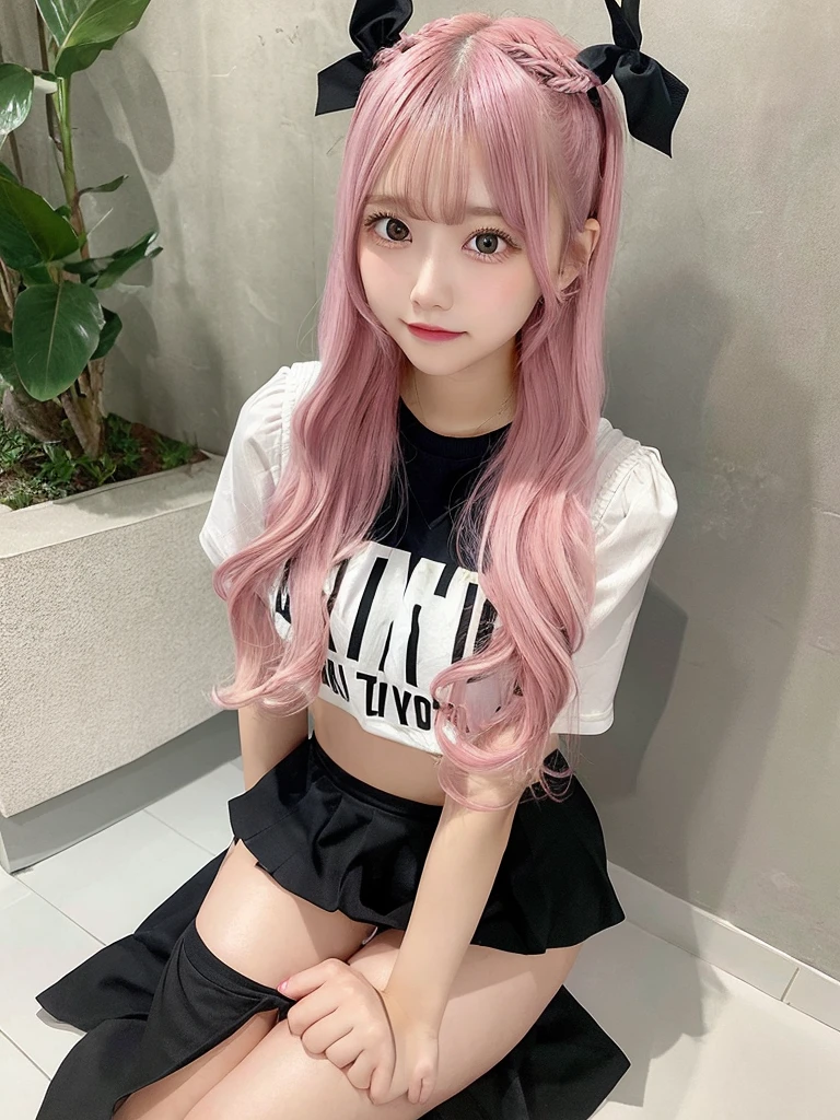 1 girl, mini skirt, long hair, pink hair, sitting, thick legs, medium chest