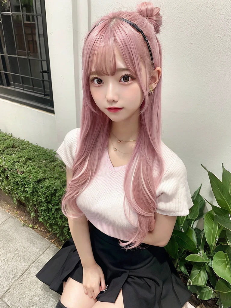1 girl, mini skirt, long hair, pink hair, sitting, thick legs, medium chest