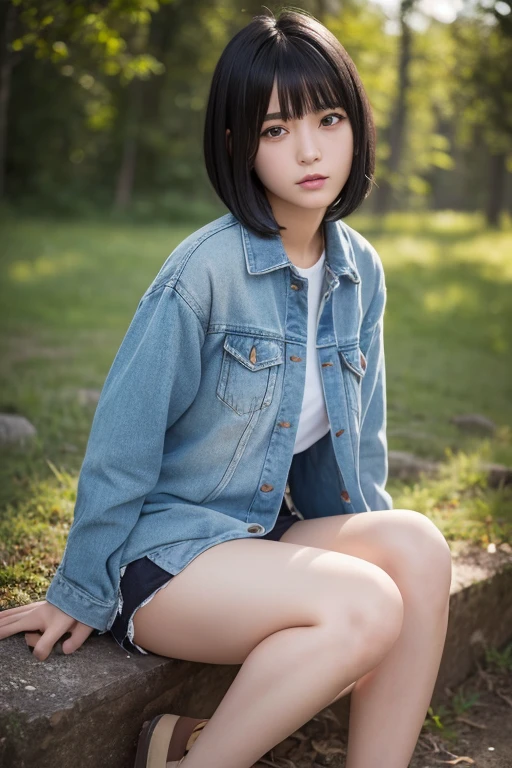 ruinsに佇む少女, Blowing in the wind for a long time [Blue-black:.3] hair,Show Viewer, (masterpiece:1.3), (8K, Realistic, RAW Photos, Highest quality: 1.4), Japanese, (One Girl), Beautiful Face, (Realistic Face), (black hair, short hair:1.3), beautiful hairstyle, Realistic eyes, Beautiful details, (Realistic Skin), Beautiful Skin, charm, Ultra-high resolution, Ultra-realistic, Very detailed, ruins, wood々、thigh
