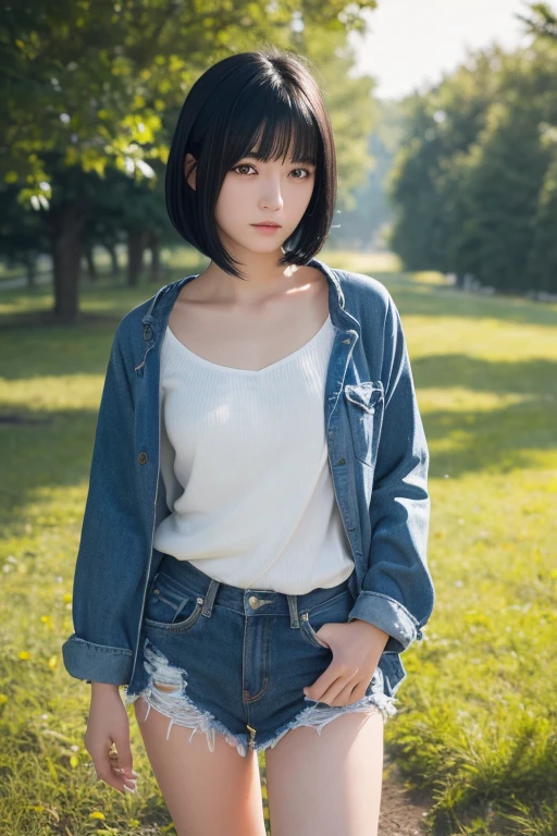 ruinsに佇む少女, Blowing in the wind for a long time [Blue-black:.3] hair,Show Viewer, (masterpiece:1.3), (8K, Realistic, RAW Photos, Highest quality: 1.4), Japanese, (One Girl), Beautiful Face, (Realistic Face), (black hair, short hair:1.3), beautiful hairstyle, Realistic eyes, Beautiful details, (Realistic Skin), Beautiful Skin, charm, Ultra-high resolution, Ultra-realistic, Very detailed, ruins, wood々、thigh