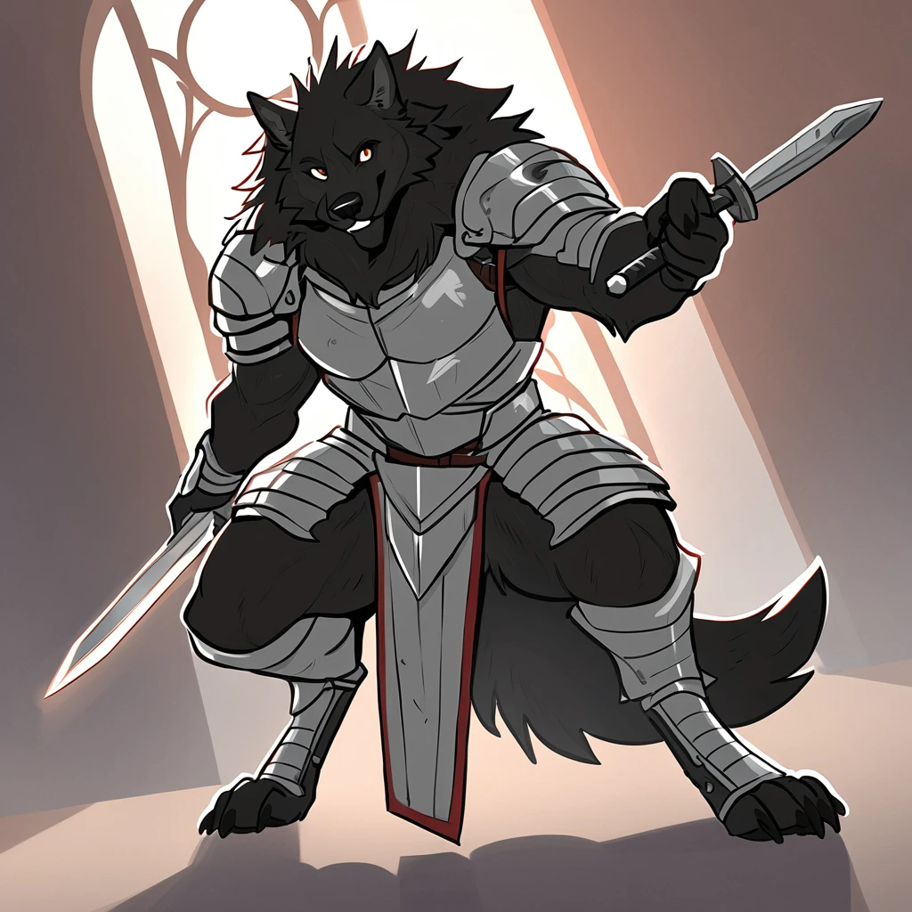 canid, canine, canis, mammal, mythological_canine, mythological_creature, were, werecanid, werecanine, werewolf, wolf, mythology, questionable, anthro, biped, black_body, black_fur, black_nose, male, fingers, fluffy, fluffy_tail, fur, looking_foward, looking_at_viewer, muscular, muscular_anthro, muscular_male, knight, wielding_sword, full_metal_armor, metal_greaves, no_helmet, raising_sword, smile, solo, standing, tail, tuft, 2020, digital_media_(artwork), hi_res, masterpiece
