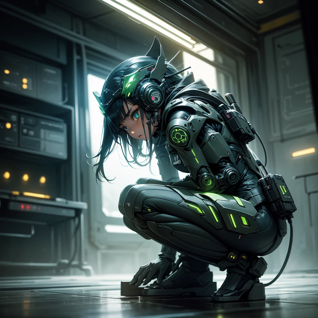 (grainy:0.5), cinematic, Indonesian girl, space, serious, detailed eyes, detailed face, detailed futuristic clothes, lights in clothes, (aiming gun:1.1), (hiding:1.1), (squatting, looking to side:1.1), volumetric lighting, isolation, horror, dark lighting, red bioluminescent details, green bioluminescent details, blue bioluminescent details