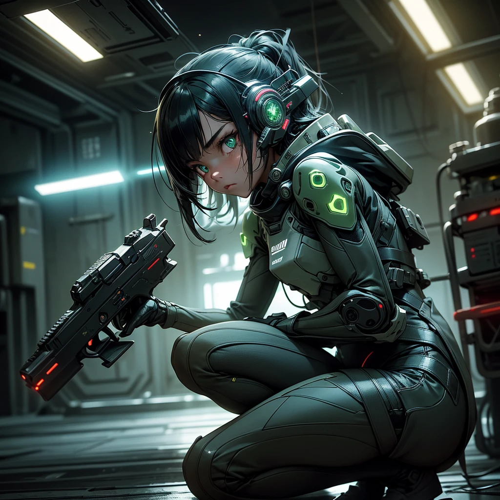 (grainy:0.5), cinematic, Indonesian girl, space, serious, detailed eyes, detailed face, detailed futuristic clothes, lights in clothes, (aiming gun:1.1), (hiding:1.1), (squatting, looking to side:1.1), volumetric lighting, isolation, horror, dark lighting, red bioluminescent details, green bioluminescent details, blue bioluminescent details
